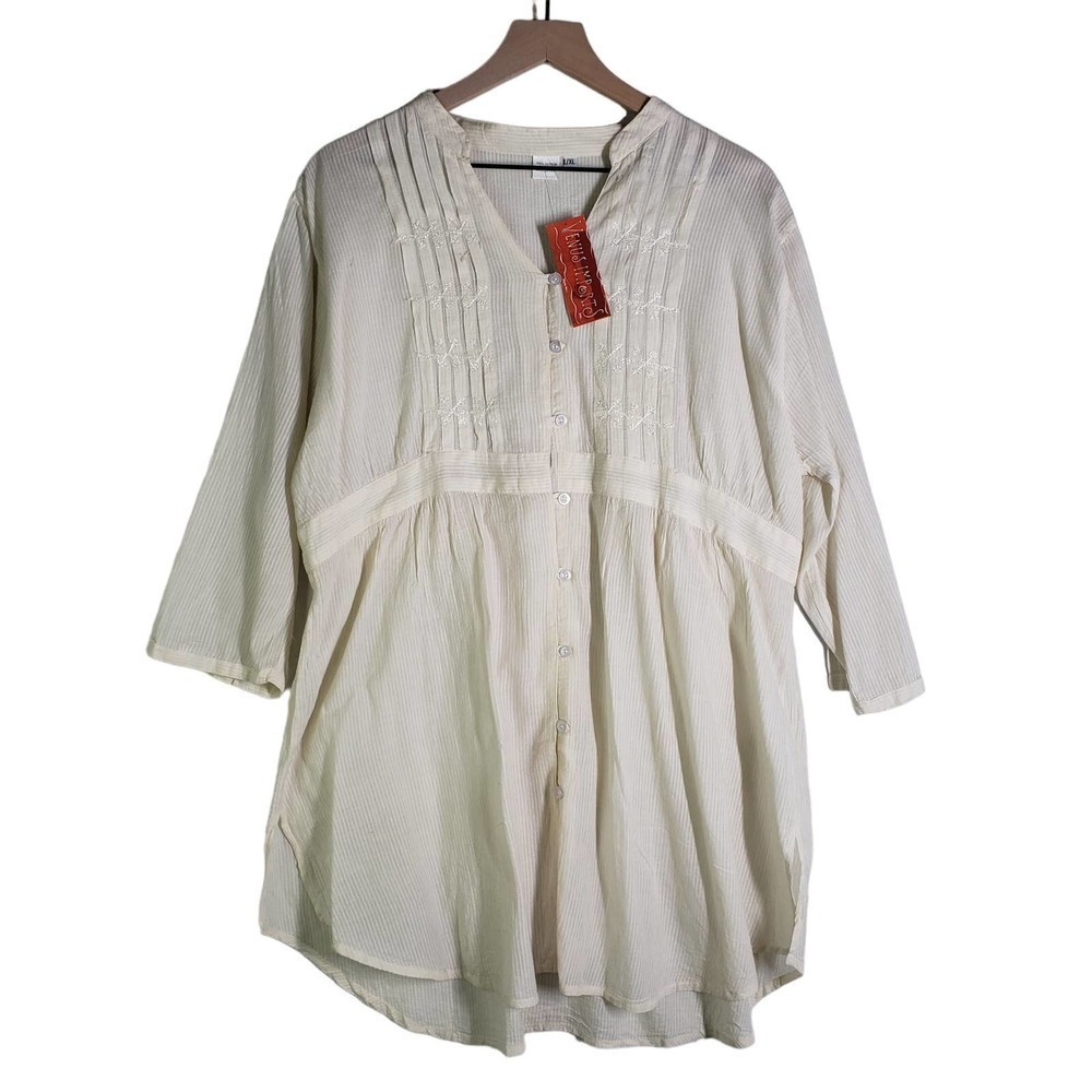 NEW Venus Imports Boho Tunic Top L/XL Ivory‎ 3/4 Sleeves Shirt NWT 4613